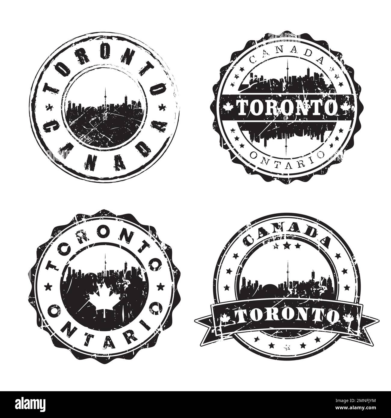 Toronto Ontario Stamp Skyline Postmark. Pasaporte postal Silhouette. Ciudad redonda Vector Icon Set. Vintage franqueo Ilustración del Vector