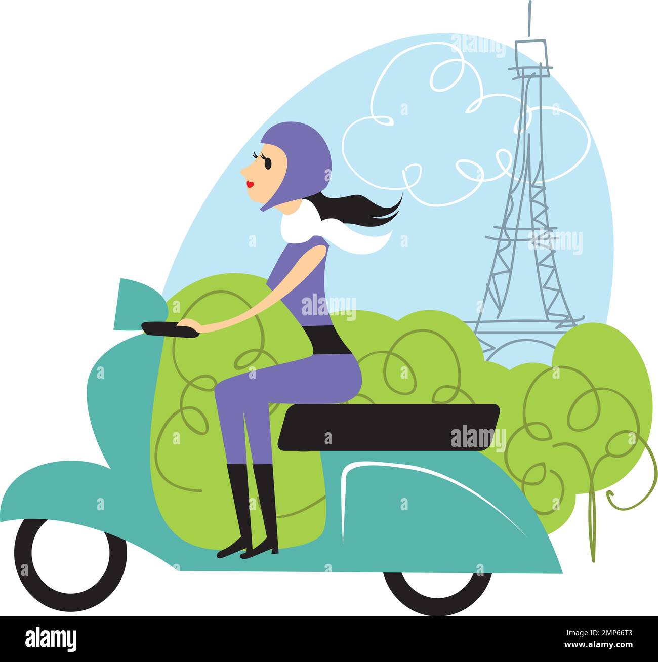 Chica joven montando scooter en París. Ilustración vectorial plana Ilustración del Vector