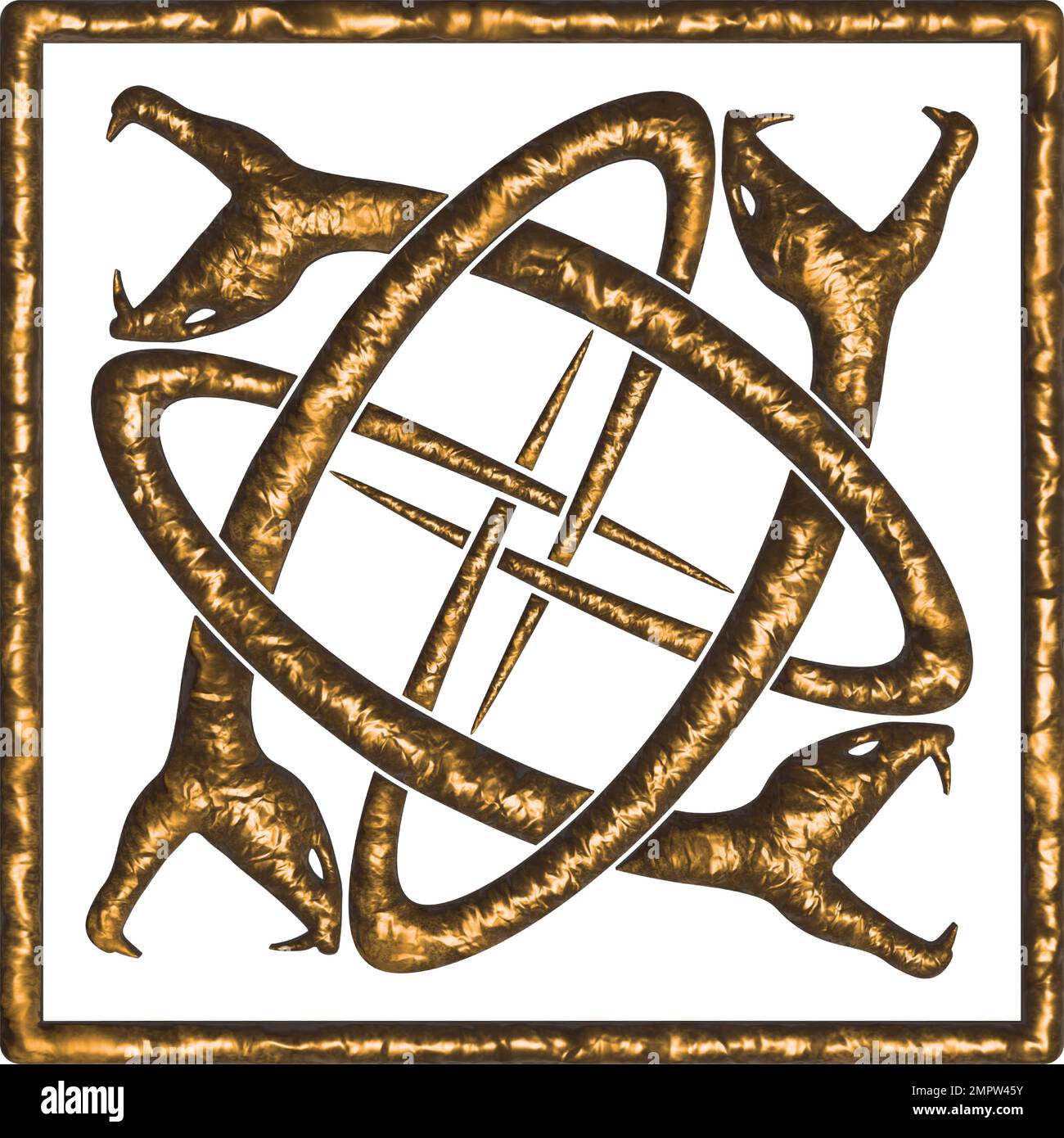 Cuatro serpientes entrelazadas encerradas en un cuadrado - oro sobre blanco Ilustración del Vector