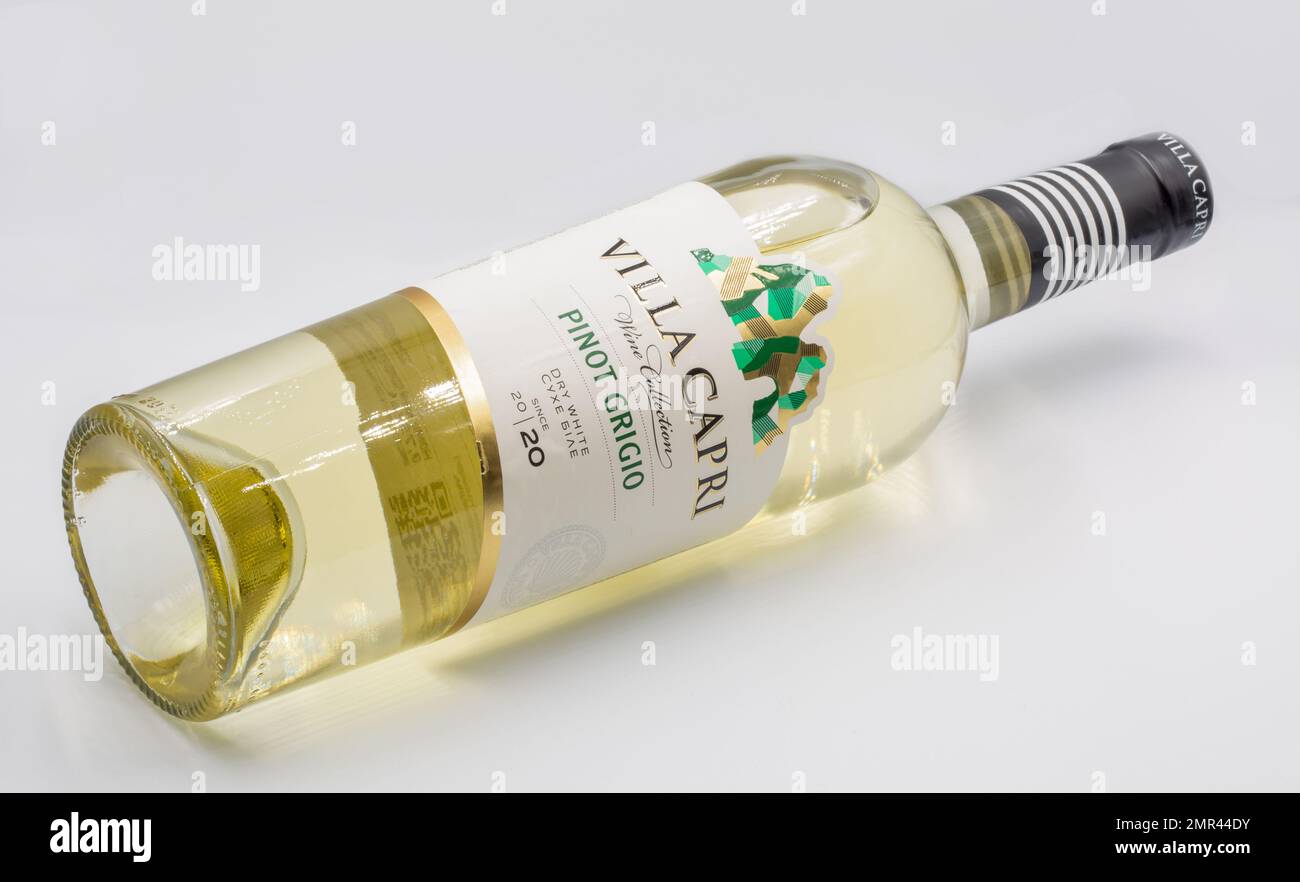 Kyiv, Ucrania - 27 de noviembre de 2021: Sesión de estudio de ucraniano Villa Capri Pinot Grigio botella de vino blanco seco de primer plano sobre fondo blanco. Foto de stock