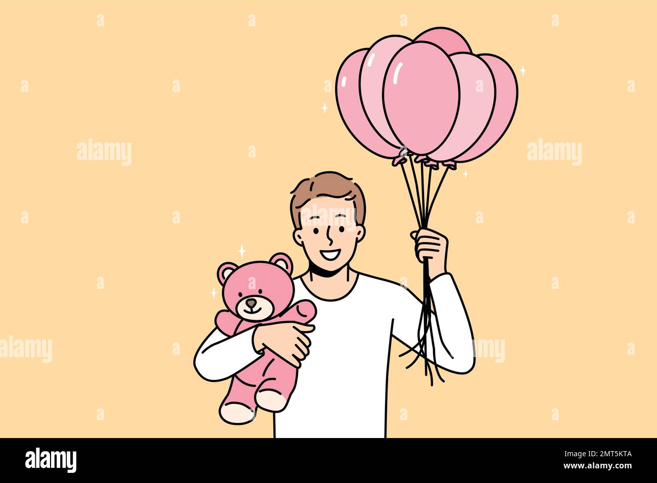 Hombre joven sonriente con globos de aire y oso de peluche en las manos  haciendo sorpresa a la novia amante. Chico feliz hacer presente o regalo al  amante en cumpleaños o aniversario.