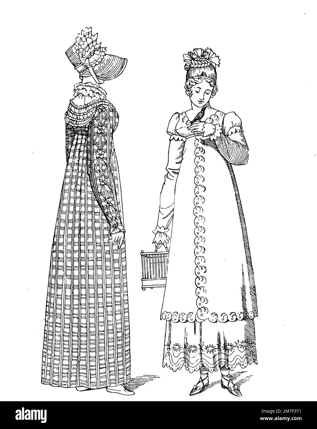 La moda en el año 1813, la señorita de patrón escocés y la chica de París, la historia de la moda, vestuario historia Foto de stock