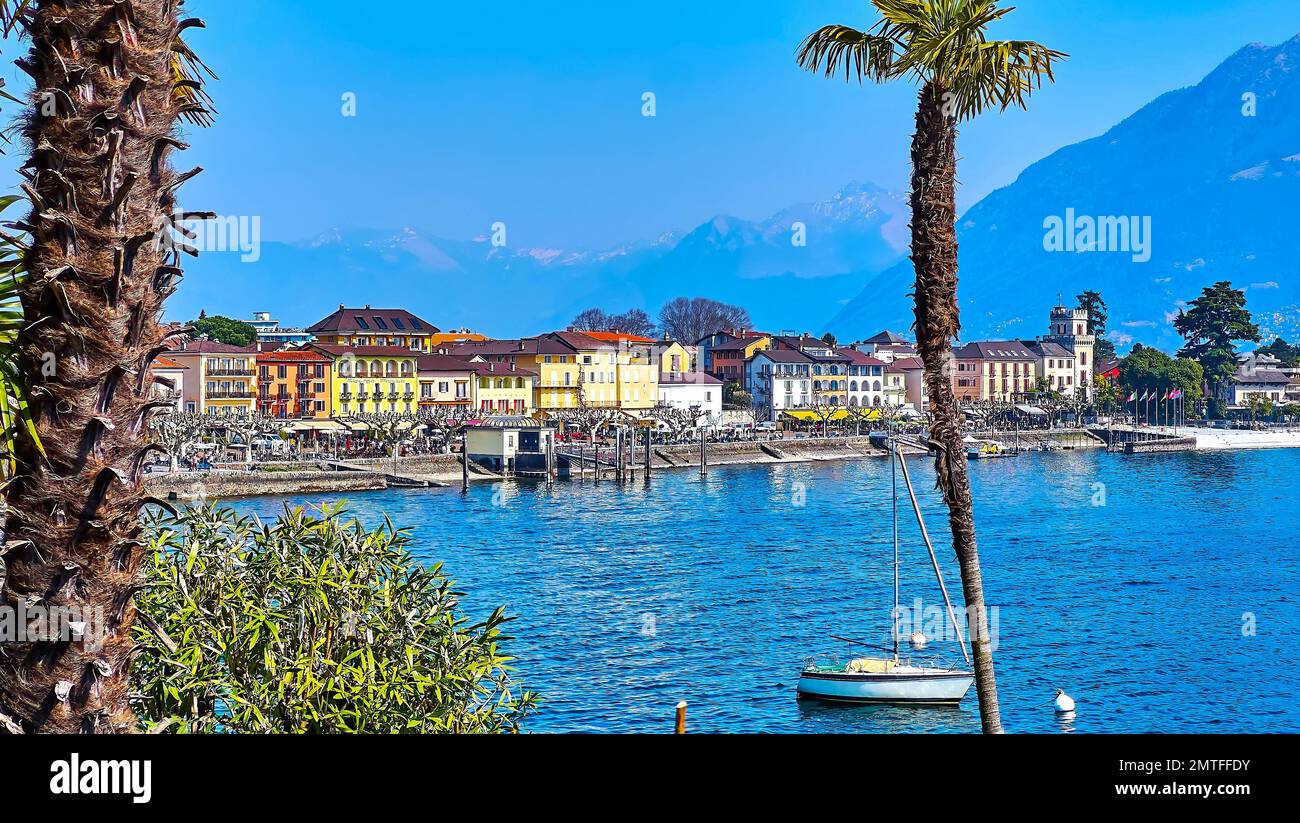 Casas de colores de la antigua Ascona y laderas alpinas nebulosas detrás de las altas palmeras y el azul del lago Maggiore, Suiza Foto de stock