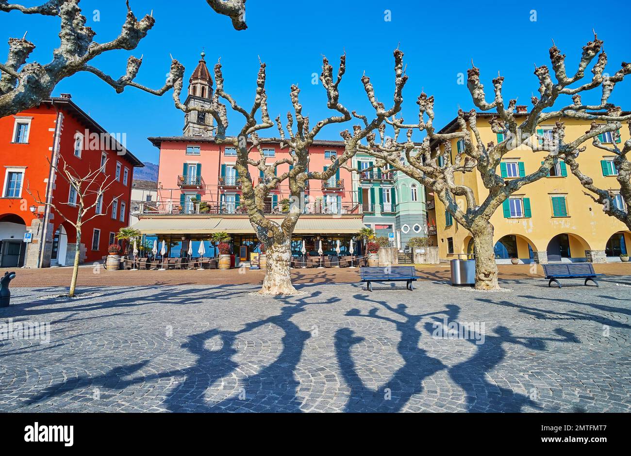 Los antiguos sicómoros se extienden frente a las casas históricas de Piazza Giuseppe Motta, Ascona, Suiza Foto de stock