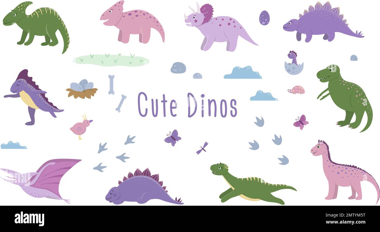 Lindos Dinosaurios Cartoon Personajes Ilustración como Spinosaurus,  Parasaurolophus, Stegosaurus, Tyrannosaurus, Pterodactyl, Y Diplodocus.  Fondo de pantalla Bac Imagen Vector de stock - Alamy