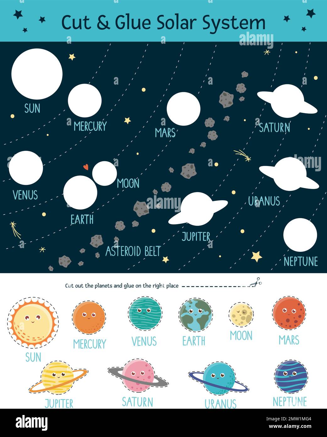 sistema solar para niños. lindos personajes de sol y planetas en estilo de  dibujos animados sobre fondo de espacio oscuro. ilustración vectorial para  jardín de infantes y educación científica escolar 2143607 Vector