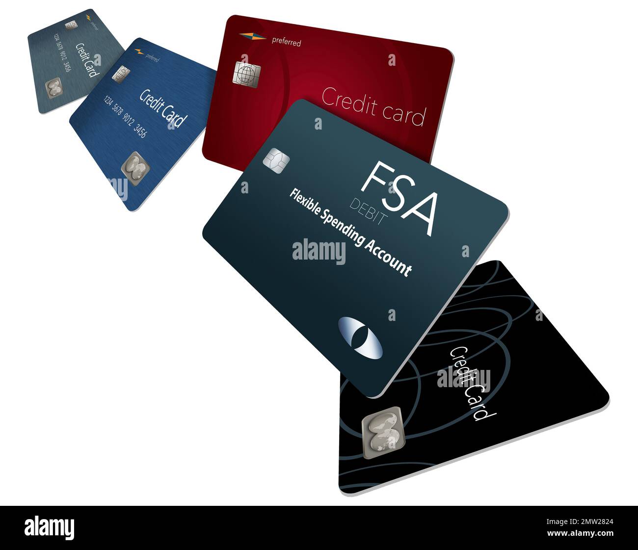 Aquí está una Cuenta de Gastos Flexible se muestra la tarjeta de débito con  tarjeta de crédito en el fondo. También es conocido como una tarjeta de  débito de FSA Fotografía de
