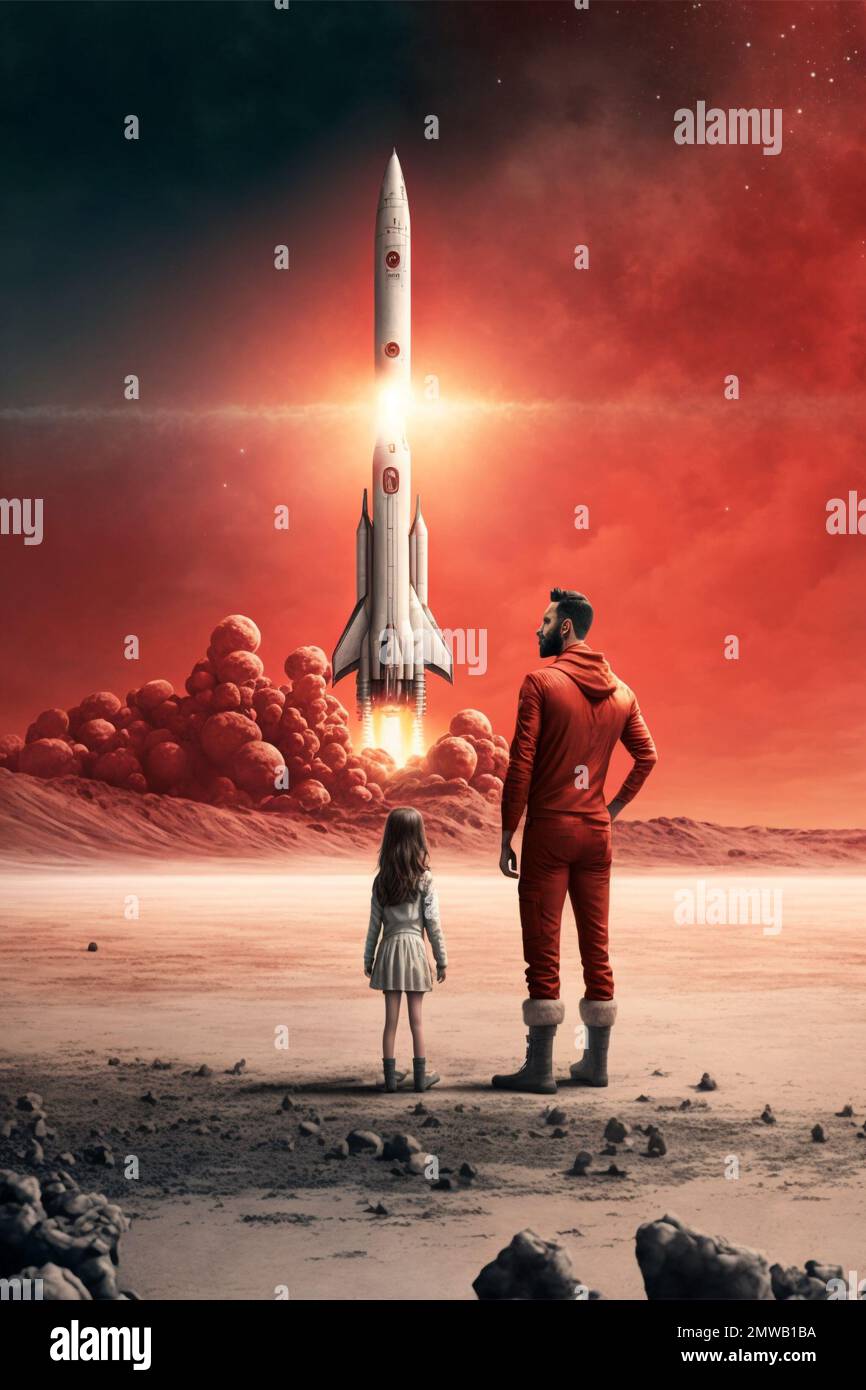 Una ilustración generada por la IA de una niña y un hombre viendo un cohete despegar en un planeta extranjero Foto de stock