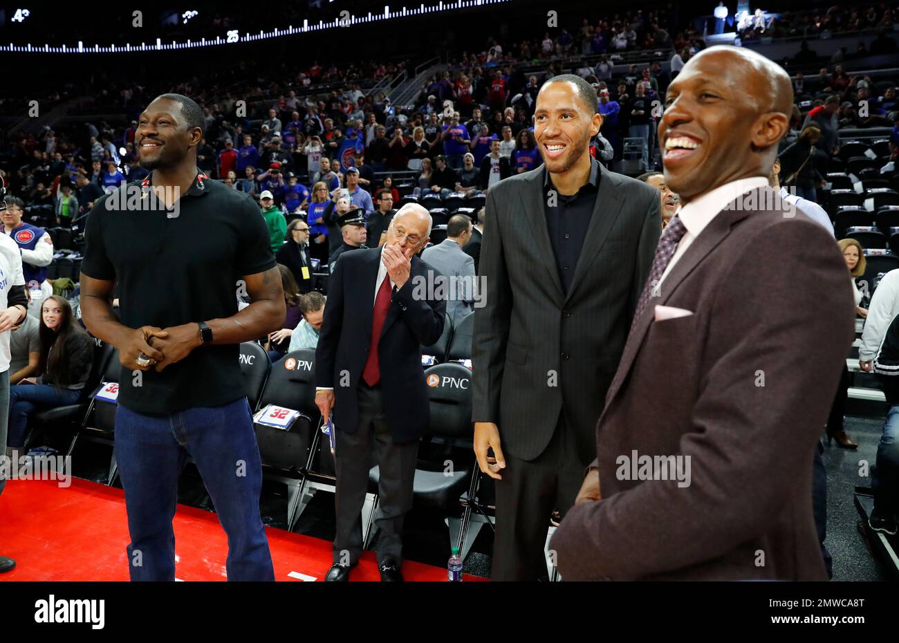 Former Detroit Pistons players Ben Wallace, from left, former head