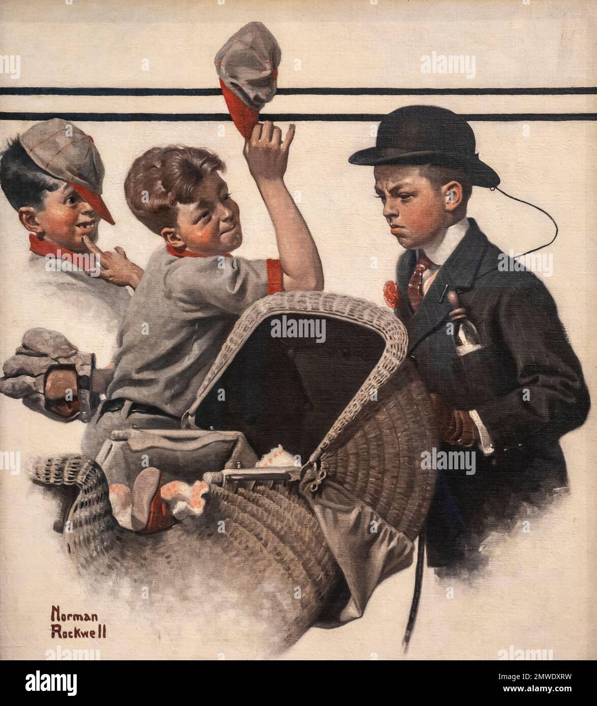 Norman Rockwell primera portada de la revista Saturday Evening Post en 1916 llamada Boy With Baby Carriage que ilustró el cambio de normas en la sociedad de Foto de stock