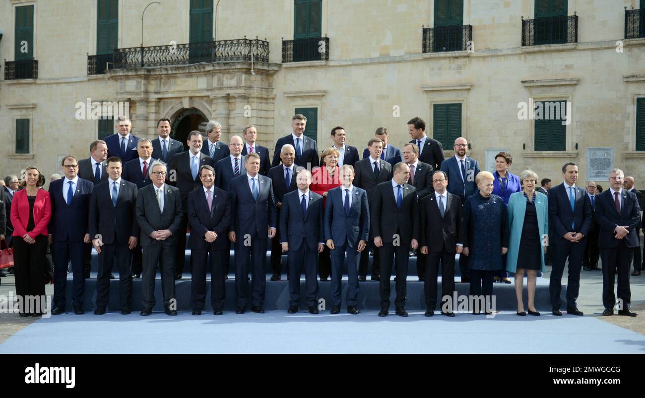 European Union heads of state and government pose for a group photo at