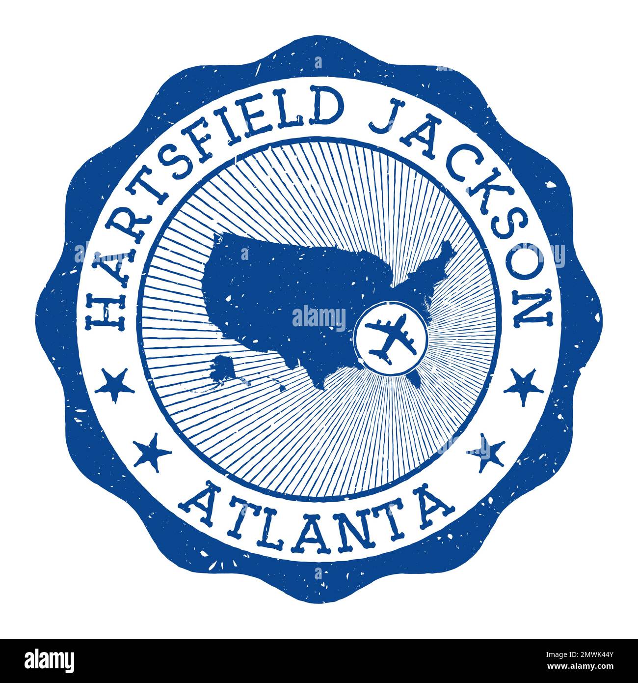 Sello Hartsfield Jackson Atlanta. Logotipo redondo del aeropuerto de Atlanta con ubicación en el