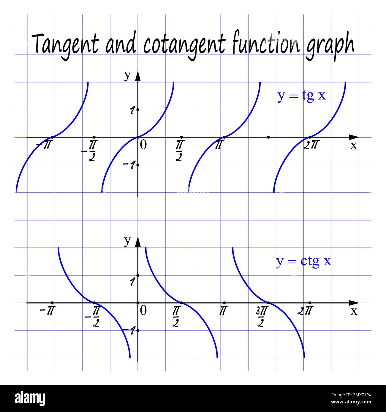 Gráfico de función tangente y cotangente. Ilustración vectorial Imagen