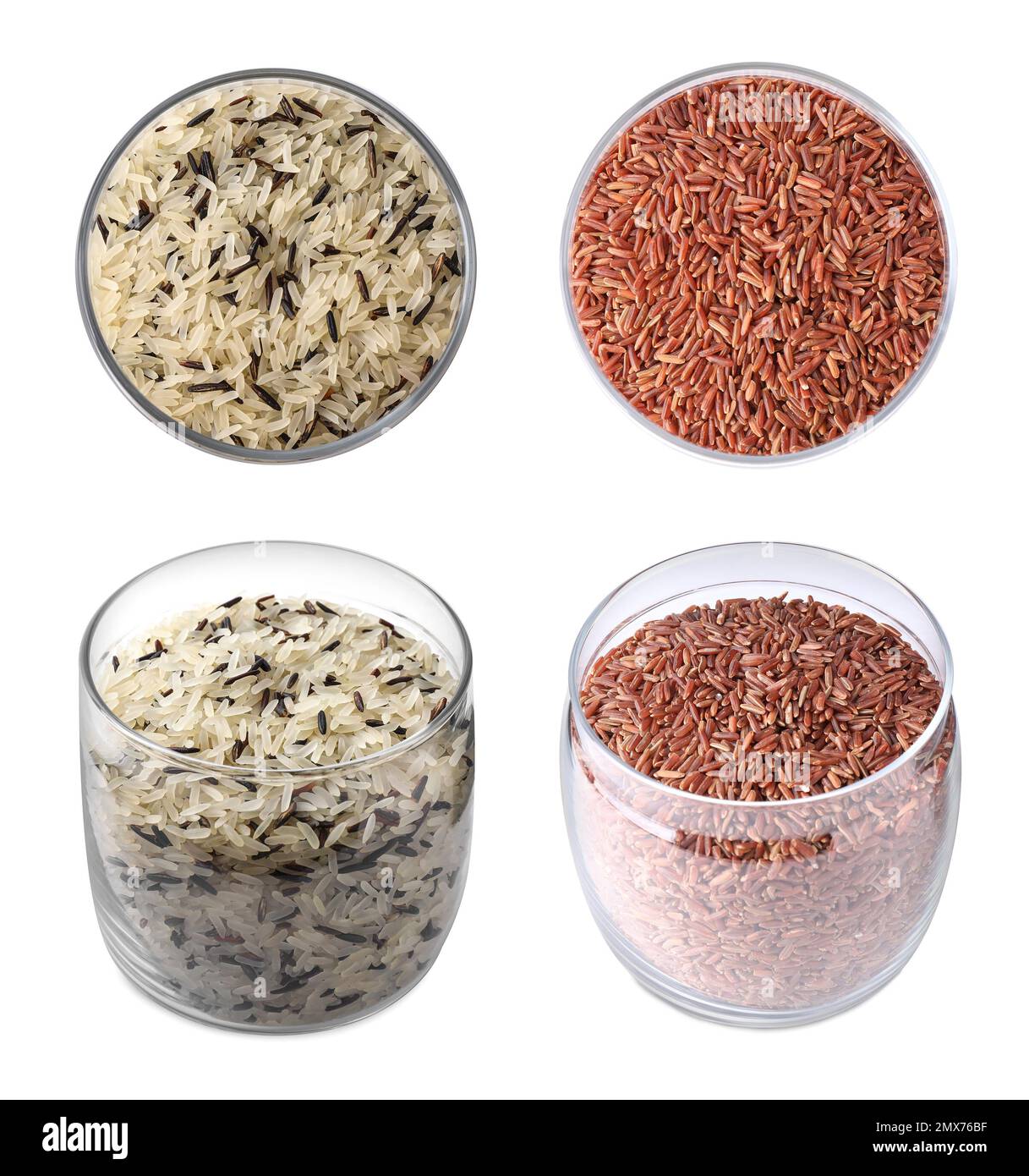 Conjunto con tipos de arroz en frascos sobre fondo blanco Foto de stock