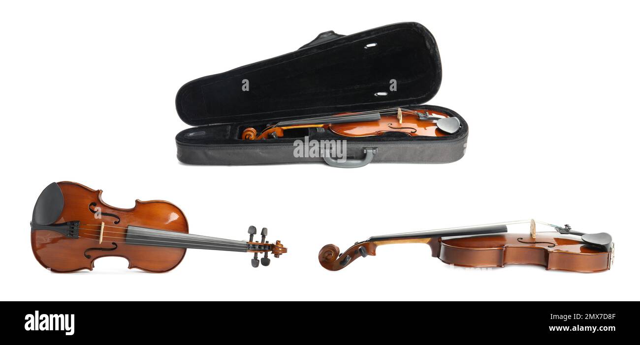 Conjunto de violines clásicos sobre fondo blanco Fotografía de stock - Alamy
