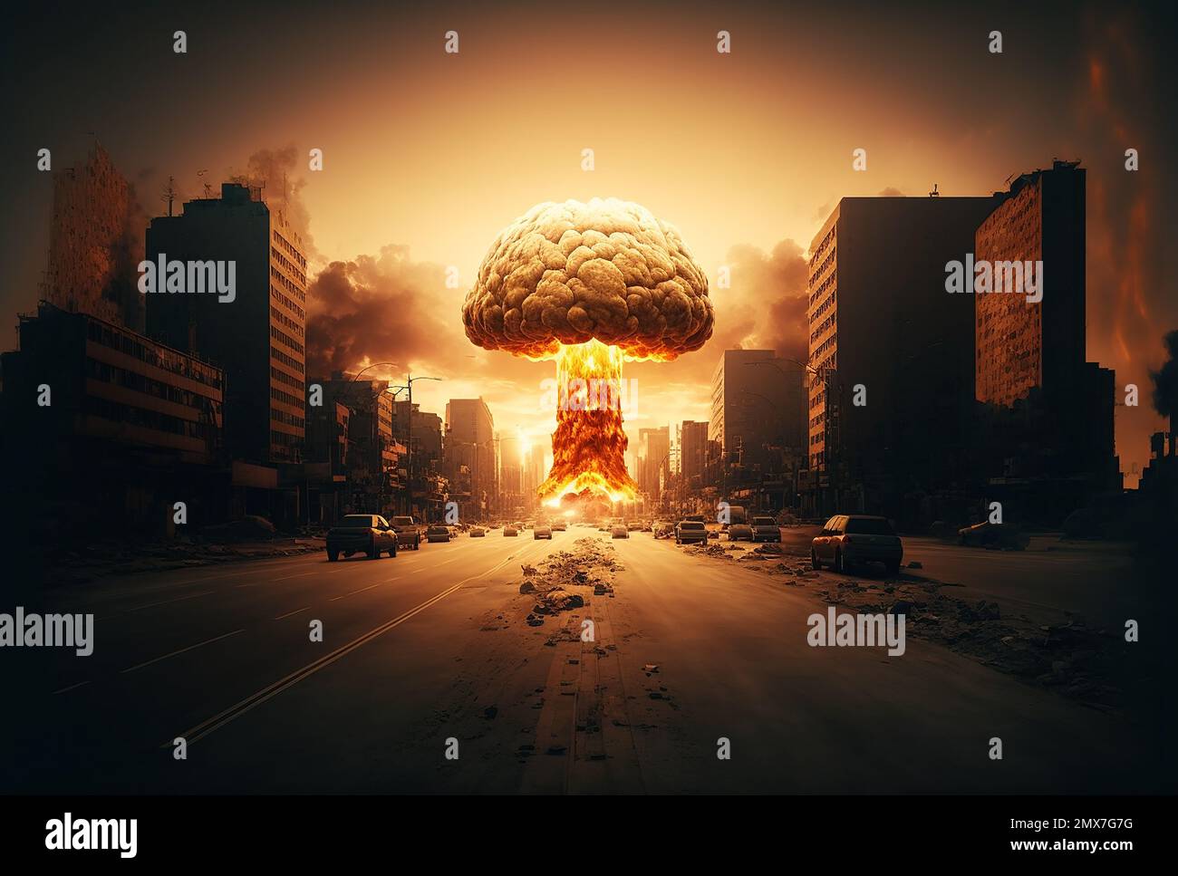 Ilustración de la enorme explosión de la bomba nuclear sobre la ciudad de Nueva York. IA