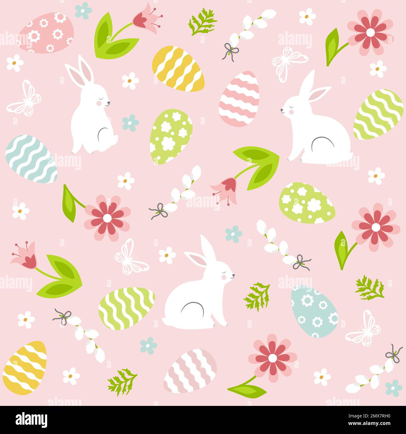 Lindo patrón sin fisuras de pascua con conejito, flores, mariposa y huevos. Ilustración del Vector