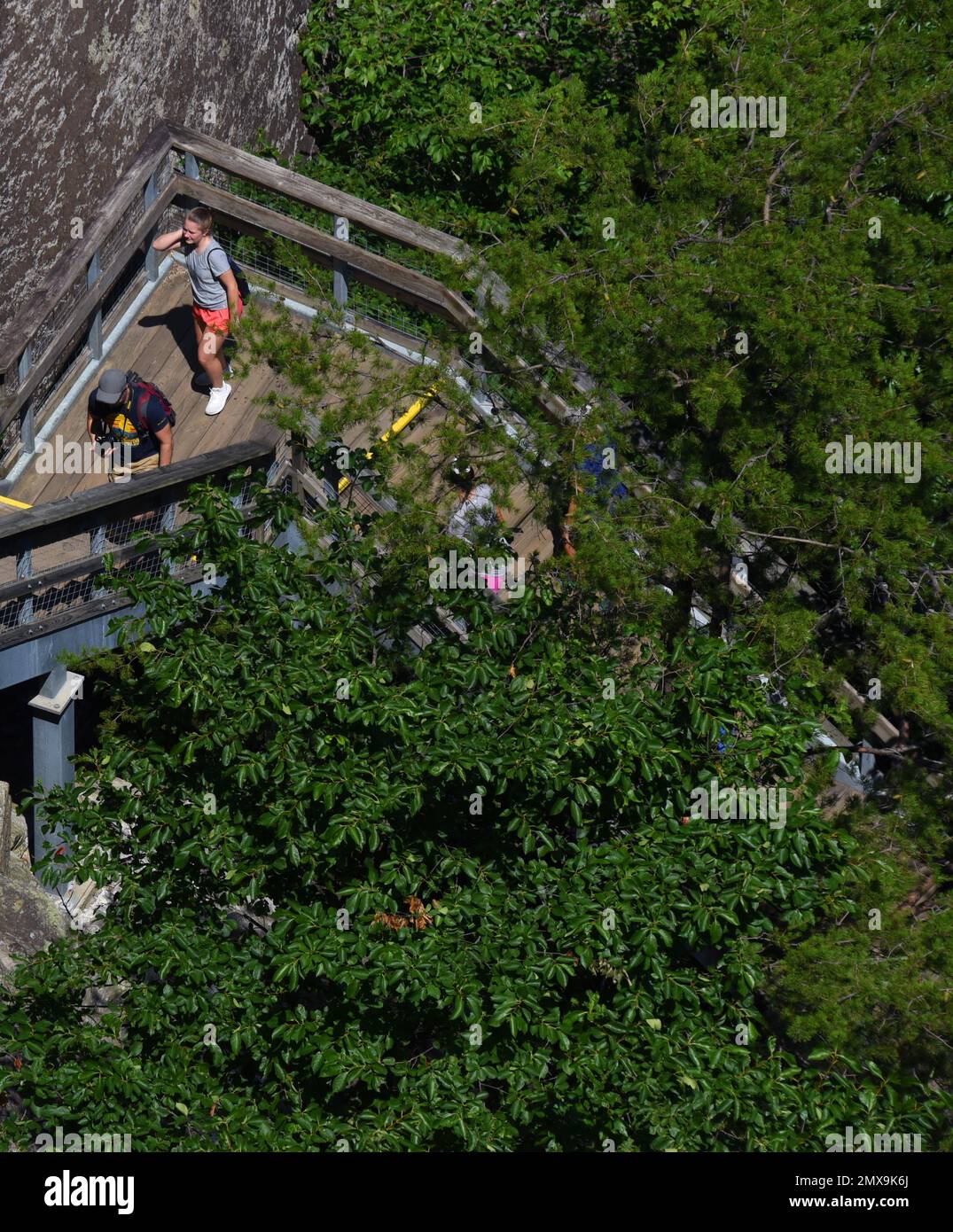Los visitantes suben los muchos escalones para llegar a la cima de Chimney Rock, Chimney Rock State Park, Carolina del Norte. Foto de stock
