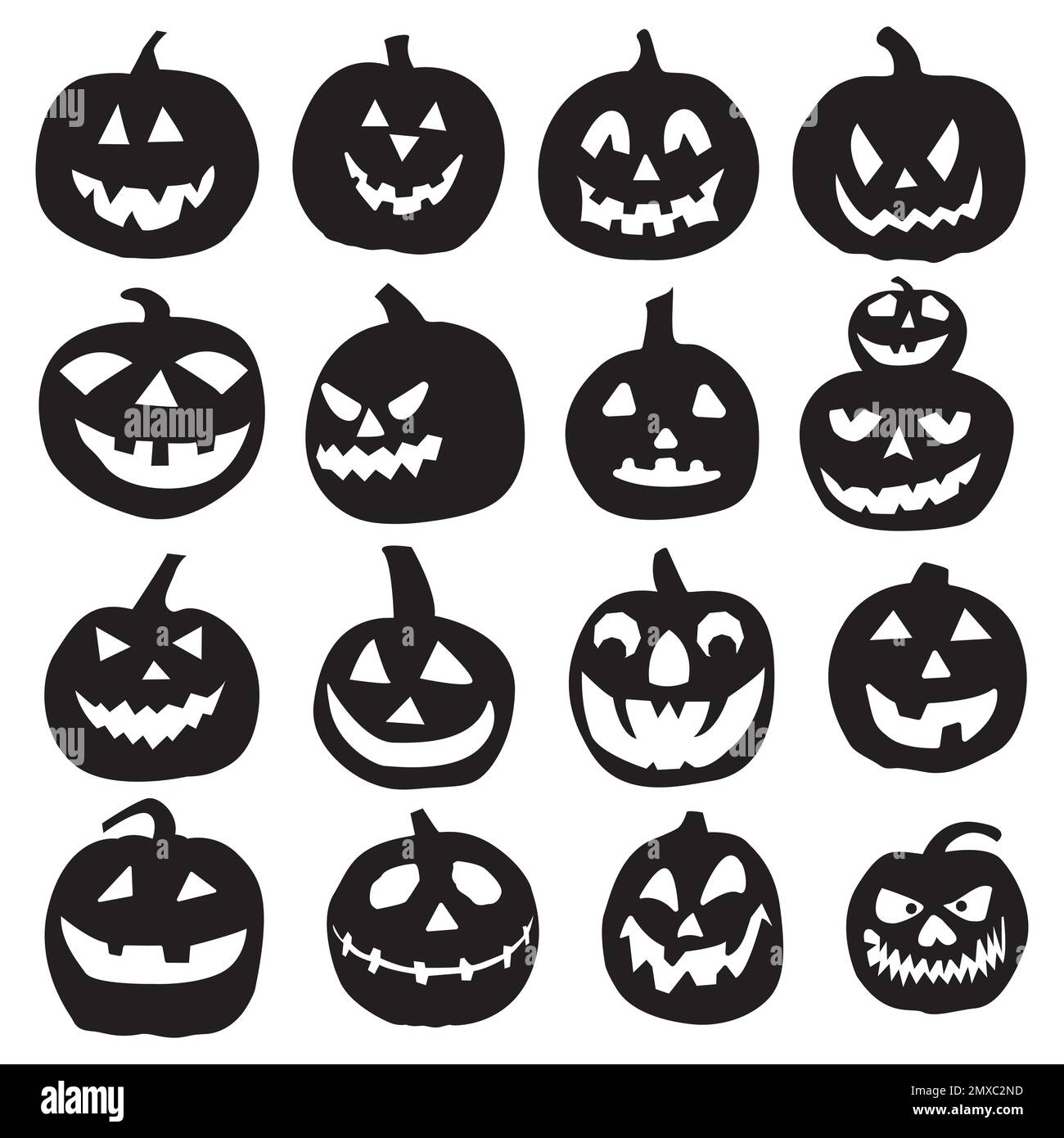Colección de silueta de calabaza de Halloween, conjunto de calabazas. Colección de caras de calabaza para Halloween. Ilustración del Vector