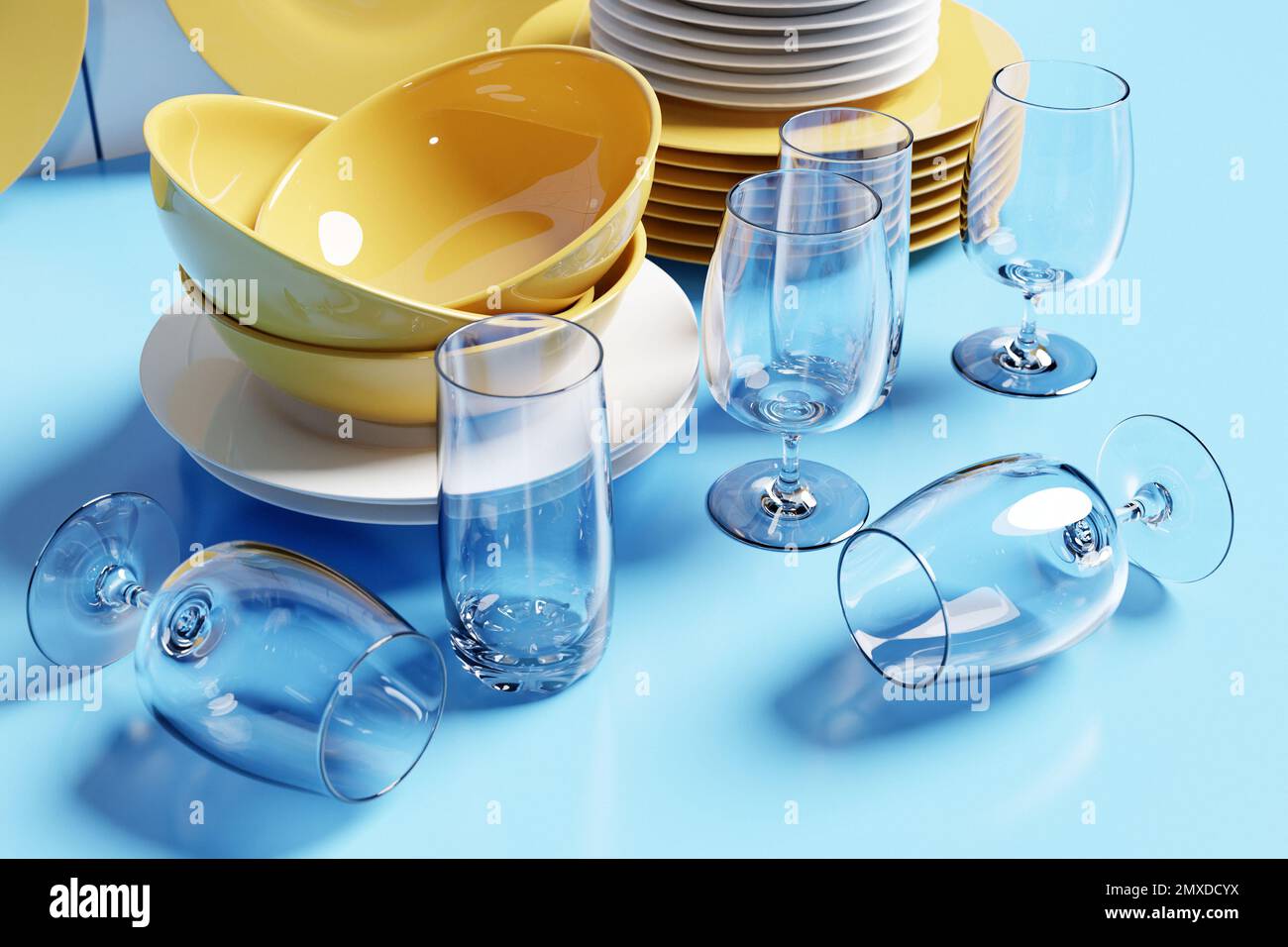 Juego de platos, vasos y vasos limpios. ilustración 3d. Vajilla realista,  utensilios de cocina plegados. Una pila de platos de cerámica Fotografía de  stock - Alamy