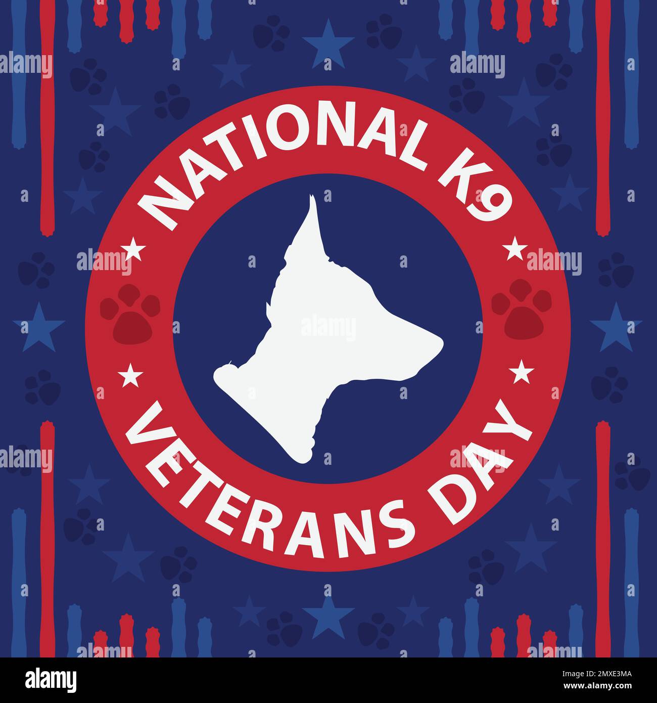 Diseño de banner vectorial celebrando el Día Nacional de los Veteranos K9 en marzo. Fondo nacional del día de los veteranos K9 con colores y símbolos del tema de la bandera americana. Ilustración del Vector