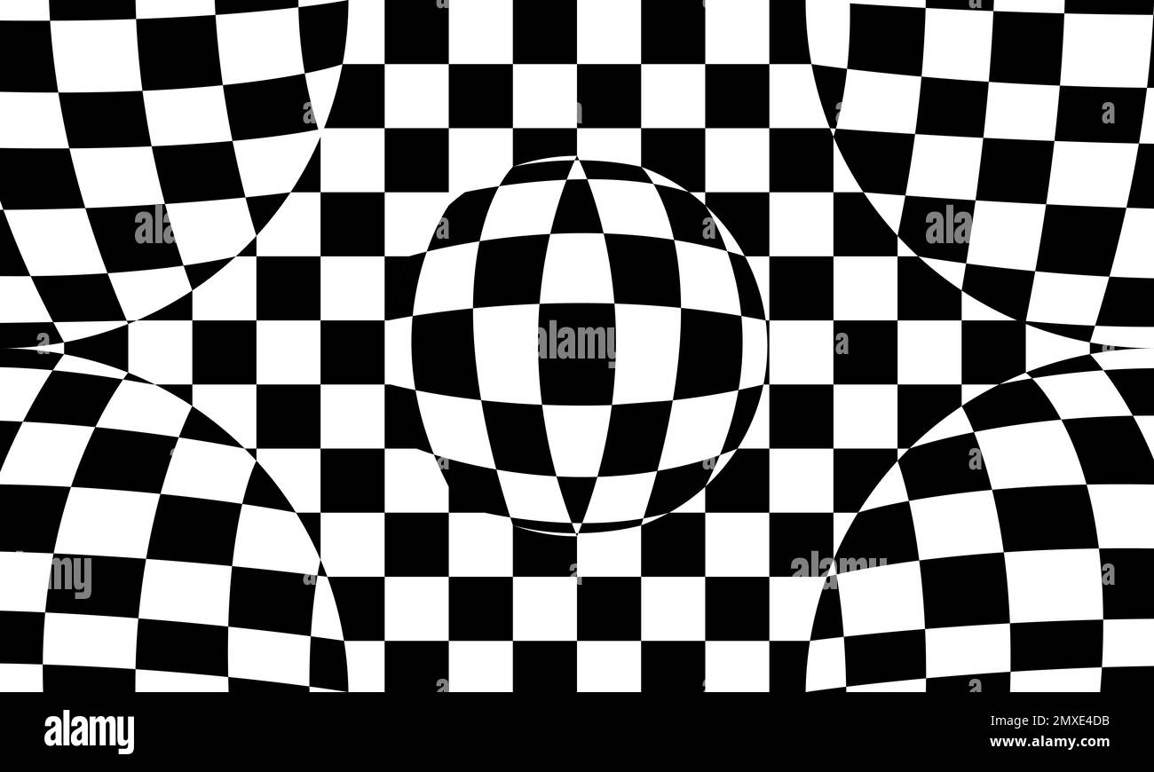 diseño de cuadros distorsionado. fondo óptico del vector de la ilusión con el patrón de ajedrez blanco y negro Ilustración del Vector