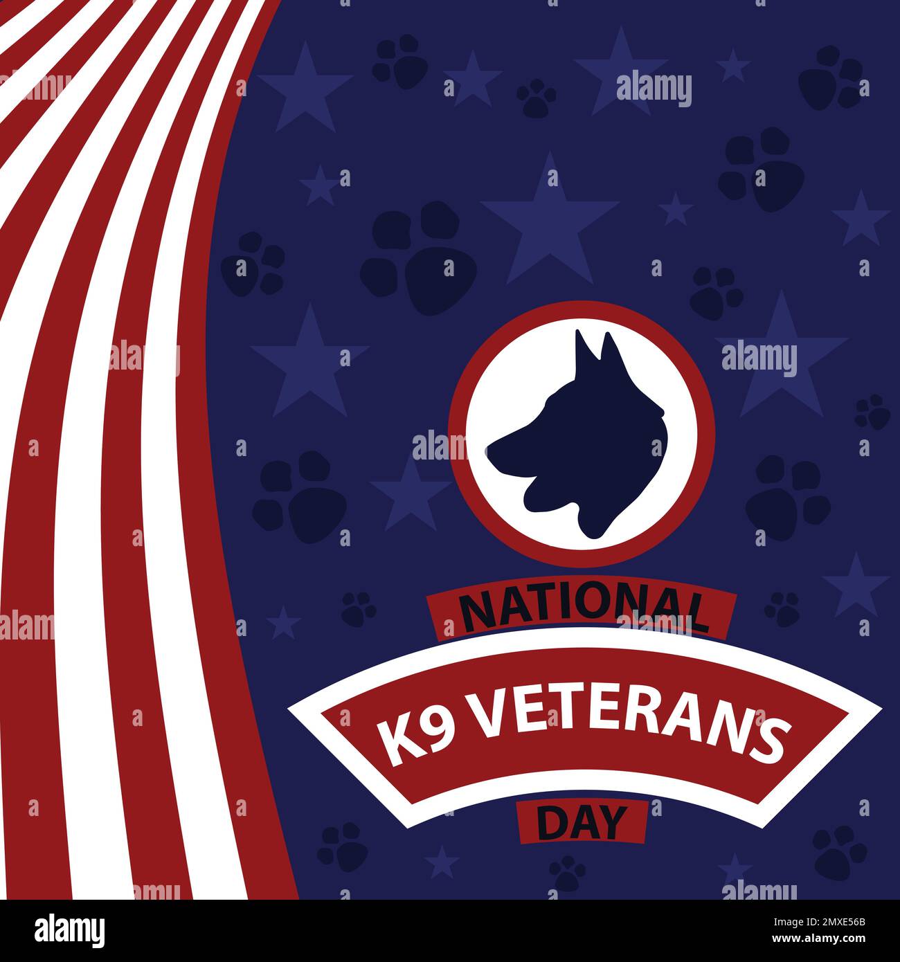 Diseño de banner vectorial celebrando el Día Nacional de los Veteranos K9 en marzo. Fondo nacional del día de los veteranos K9 con colores y símbolos del tema de la bandera americana. Ilustración del Vector