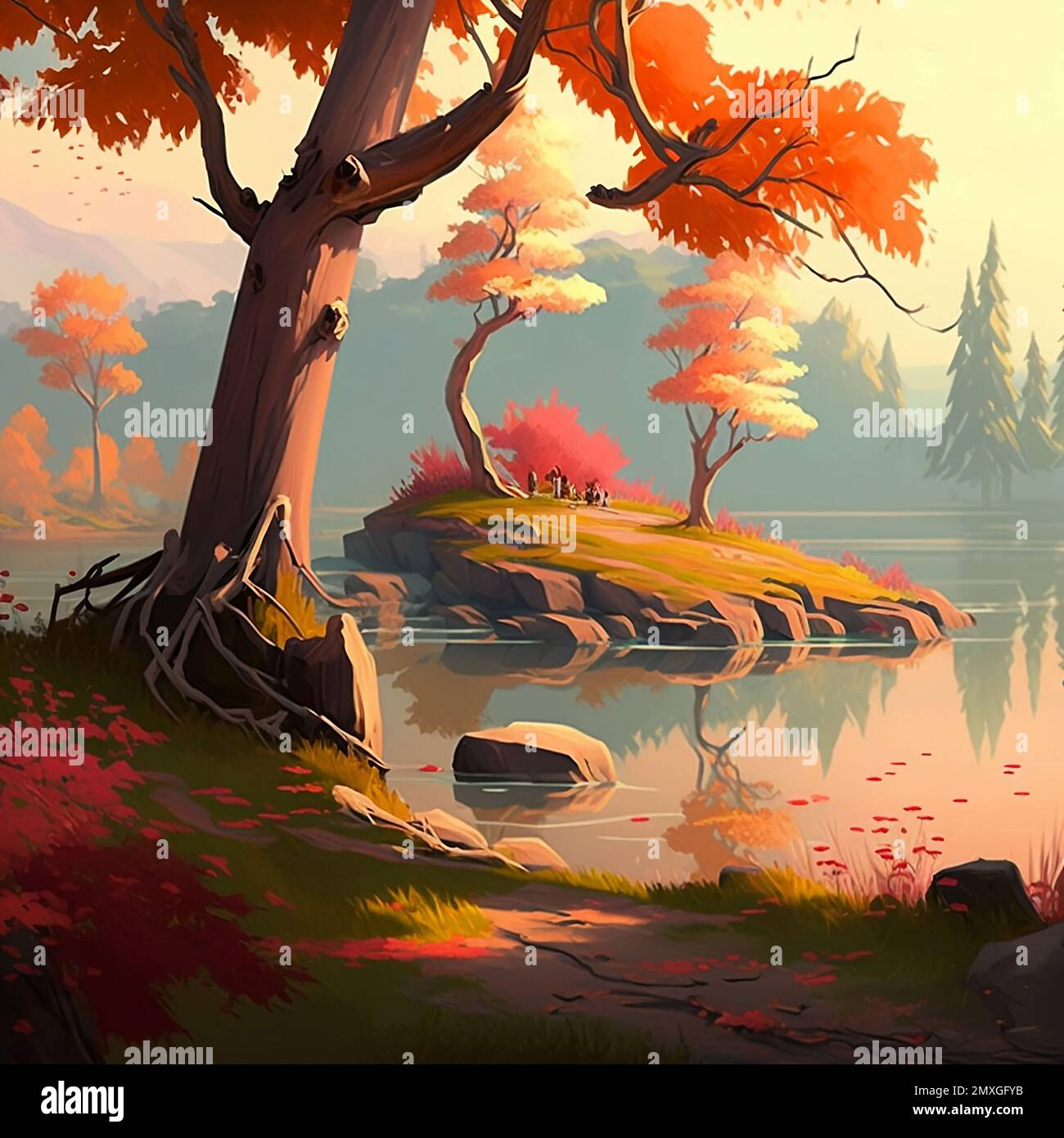 Una ilustración generada por IA del paisaje de estilo de arte anime en  hermosos colores de otoño Fotografía de stock - Alamy