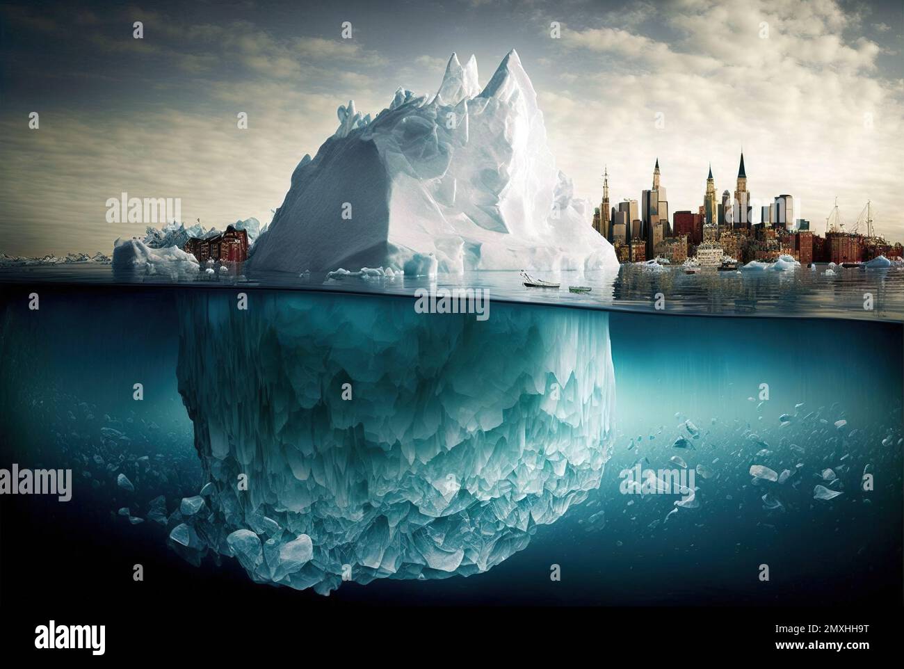 Ilustración de un iceberg llegando a una ciudad, concepto de fusión de los  polos Fotografía de stock - Alamy