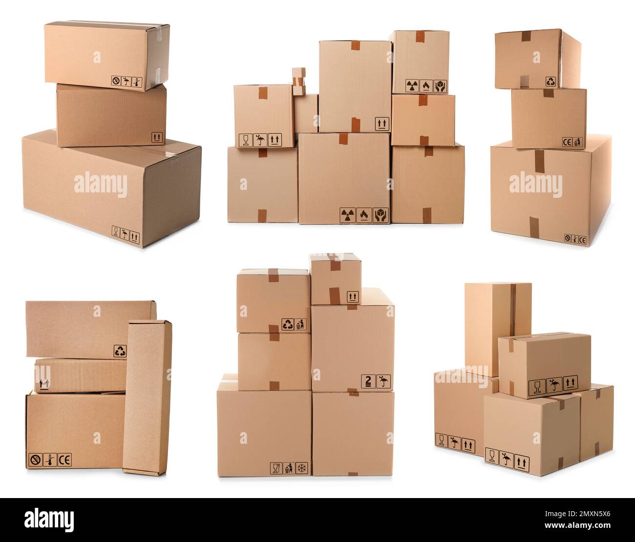 Cajas de cartón con diferentes símbolos de embalaje sobre fondo blanco.  Entrega de paquetes Fotografía de stock - Alamy