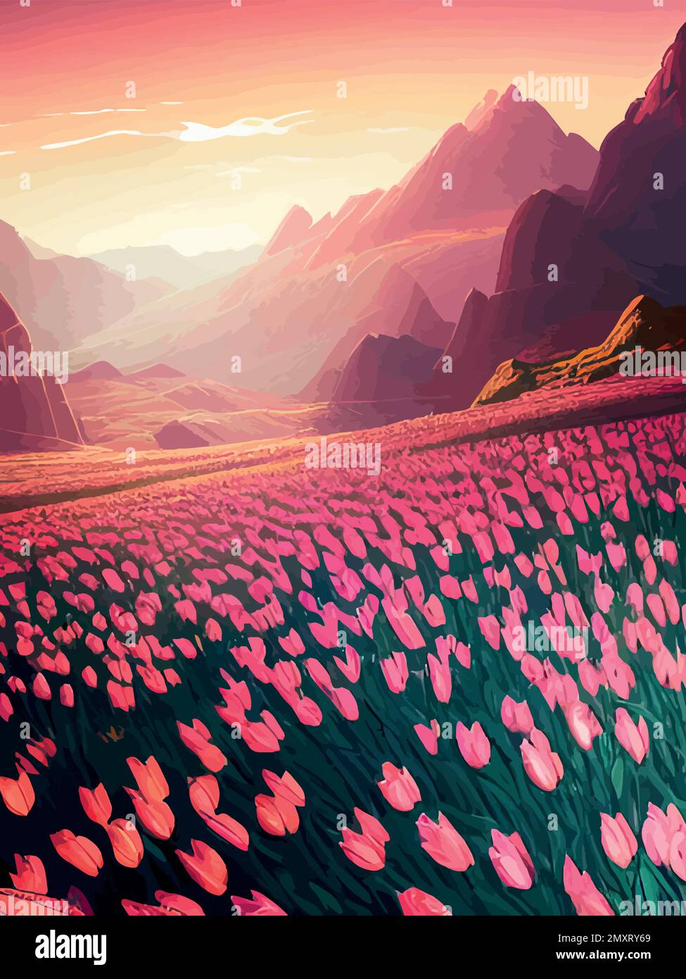 Vector de fondo de primavera. Paisaje holandés con campo de tulipanes,  árboles, colinas, montañas. Floral vertical paisaje cartel de dibujos  animados estilo dibujado a mano. Para carteles, anuncios, fondos de pantalla,  páginas