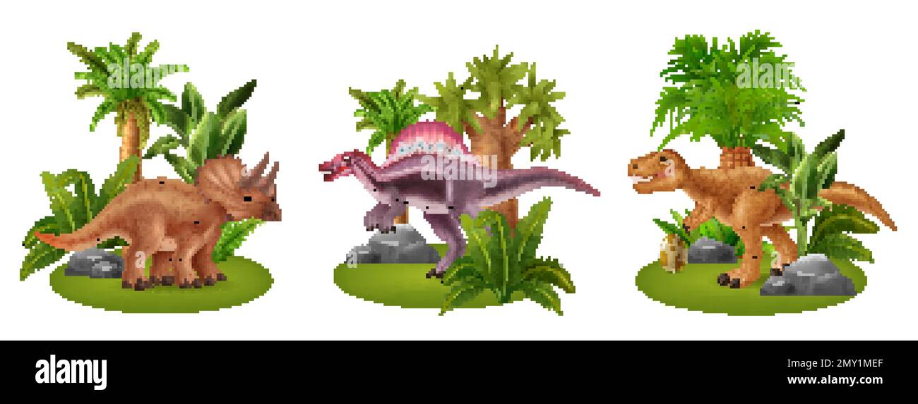 Composiciones realistas de dinosaurios con triceratops tyrannosaurus y spinosaurus y plantas
