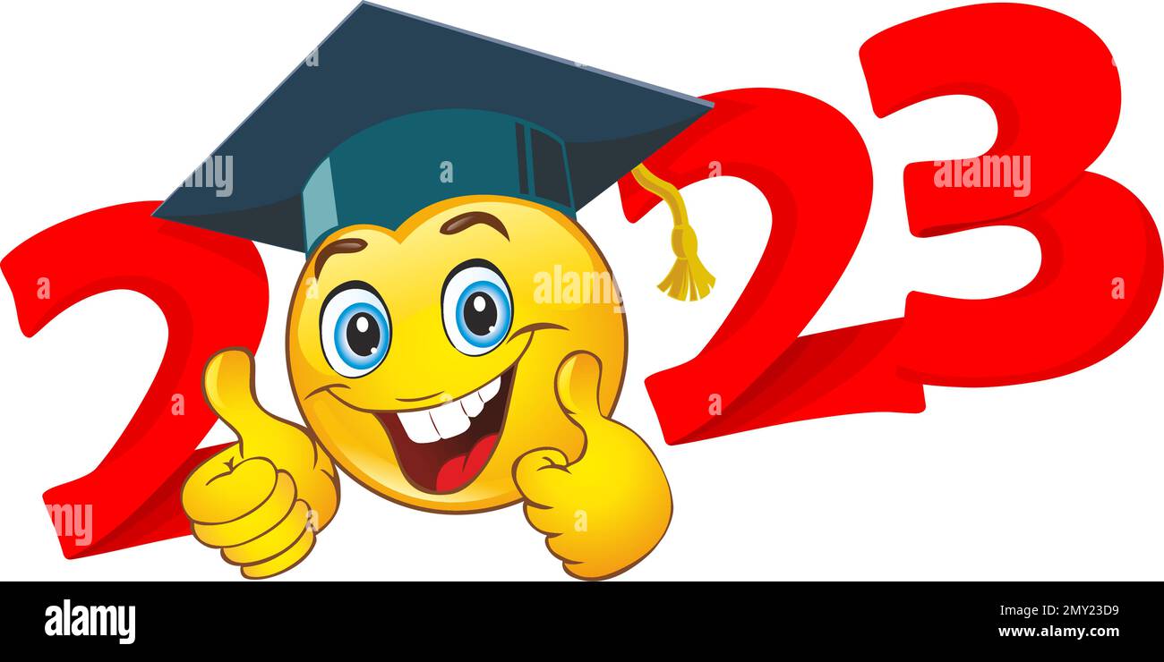 2023 emoji sonrisa en tapa de graduación con los pulgares hacia arriba. Plantilla para saludo, fiesta de graduación de tarjeta de invitación. Vector sobre fondo transparente Ilustración del Vector