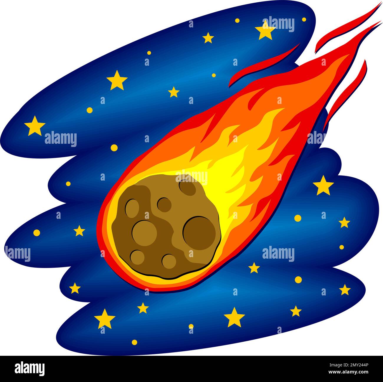 Cometa con cola o meteoro con rastro de fuego en el cielo estrellado. Vector de dibujos animados sobre fondo transparente Ilustración del Vector