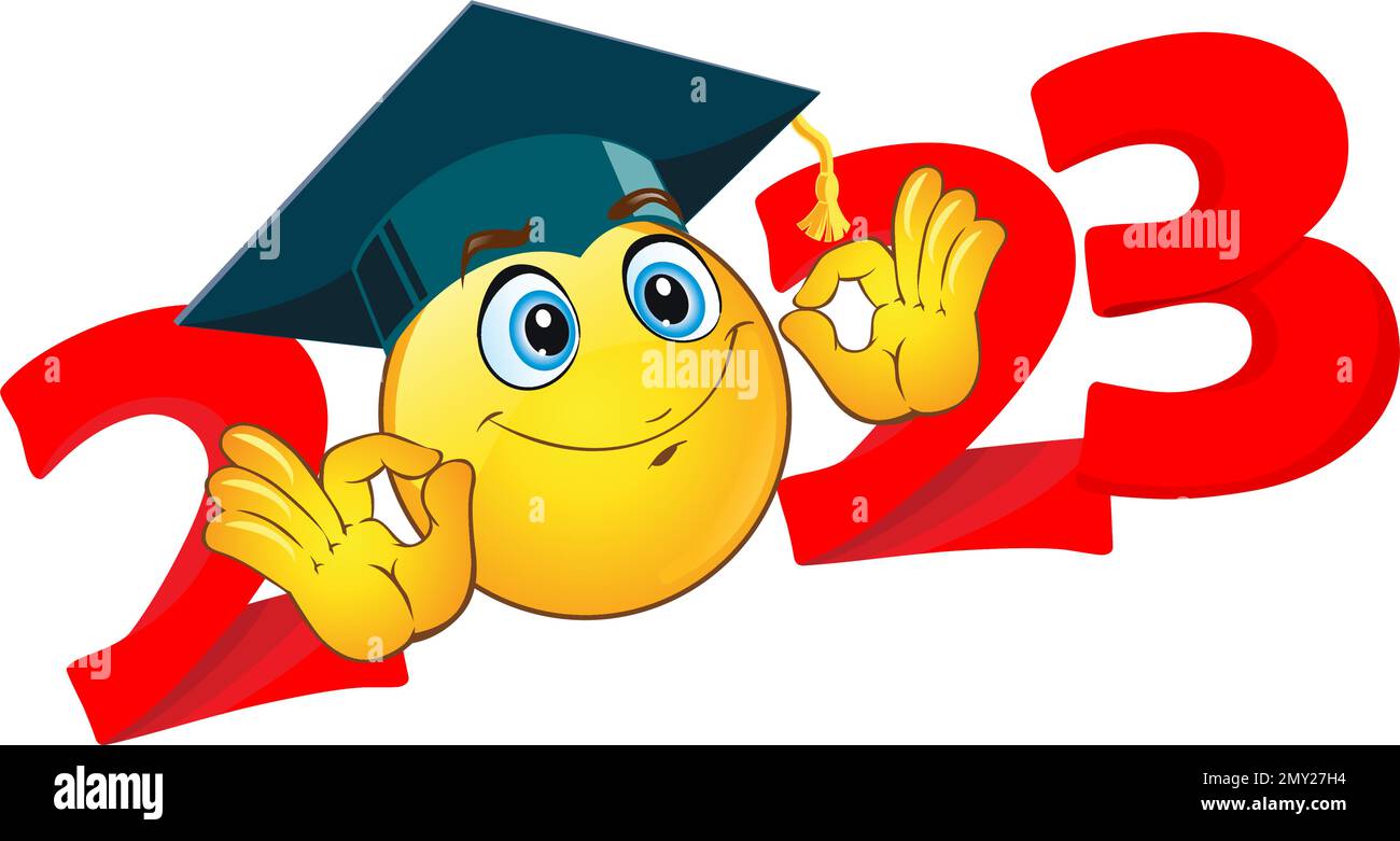 2023 emoji sonrisa en gorra de graduación con ok gesticular. Plantilla para saludo, fiesta de graduación de tarjeta de invitación. Vector sobre fondo transparente Ilustración del Vector
