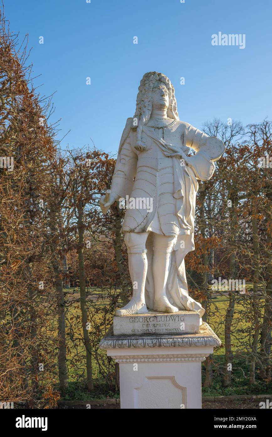 Georg Ludwig Príncipe elector de Hannover (futuro rey Jorge I de Gran Bretaña) Estatua en los jardines de Herrenhausen - Hannover, Alemania Foto de stock
