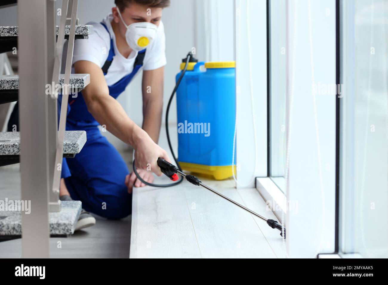 Trabajador de control de plagas rociando pesticidas cerca de la ventana en el interior Foto de stock