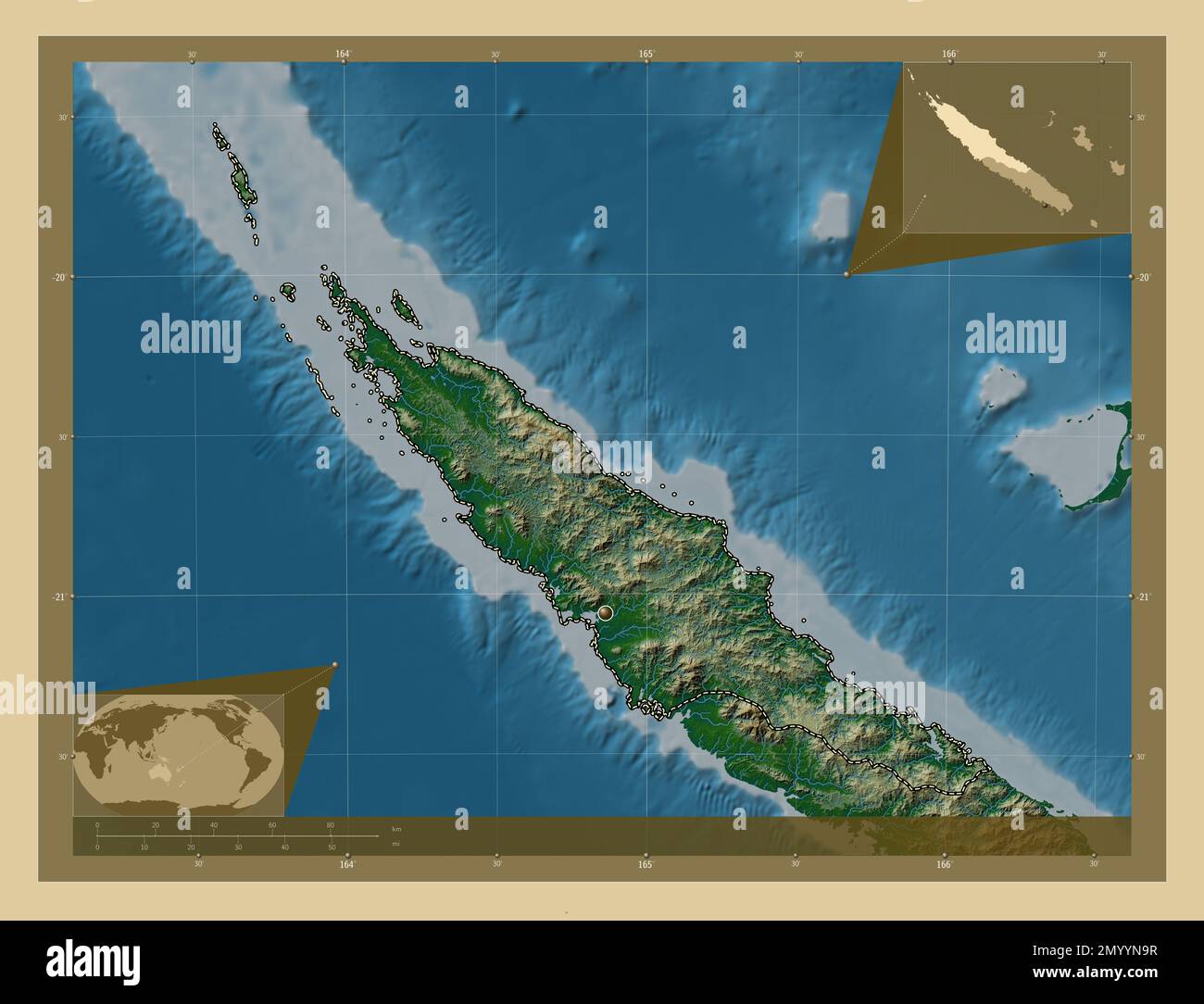Norte, provincia de Nueva Caledonia. Mapa de elevación en color con