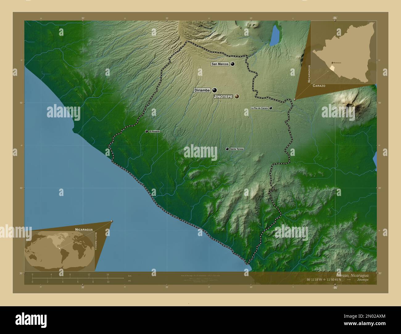 Carazo, departamento de Nicaragua. Mapa de elevación en color con lagos