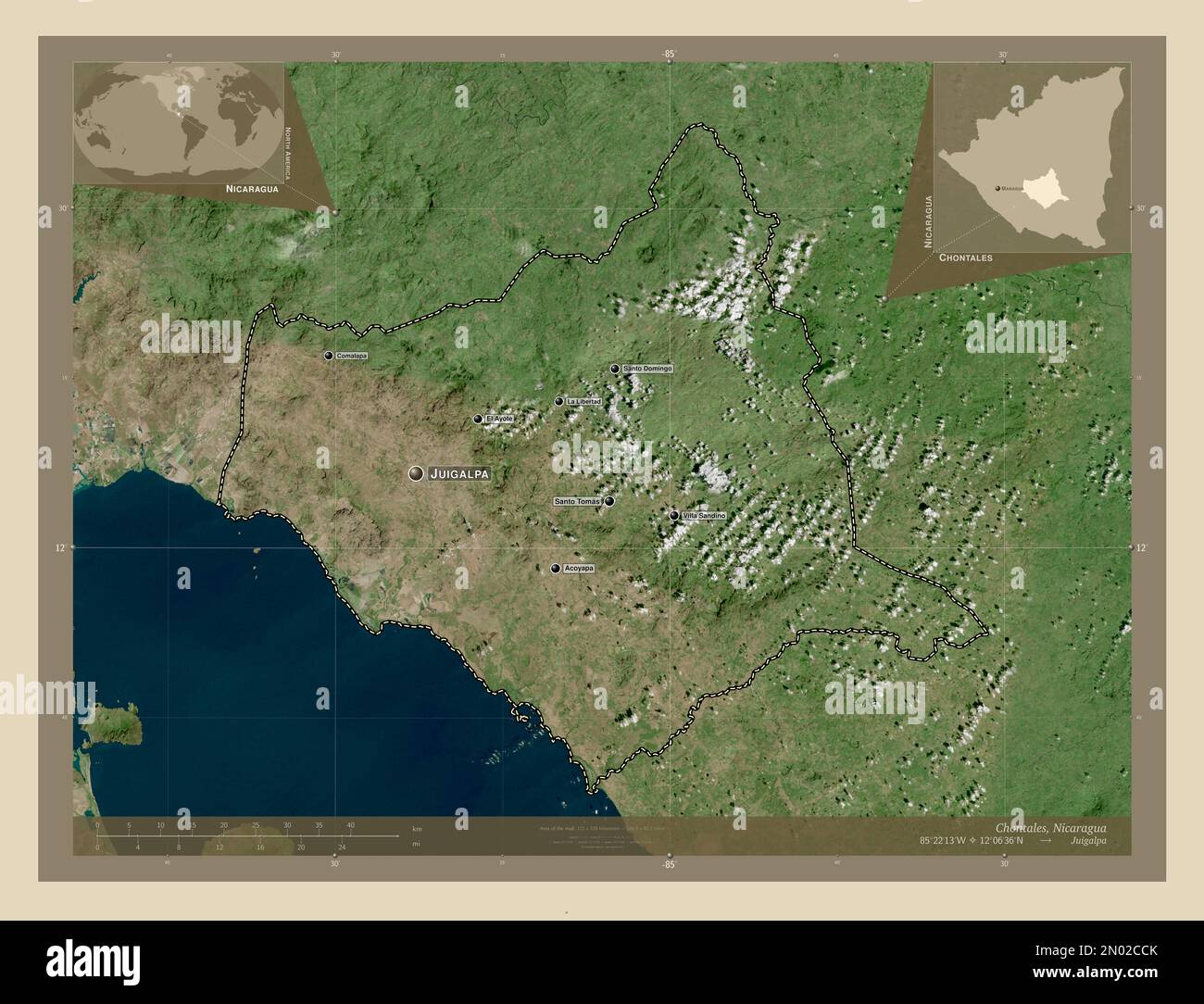 Chontales, departamento de Nicaragua. Mapa satelital de alta resolución