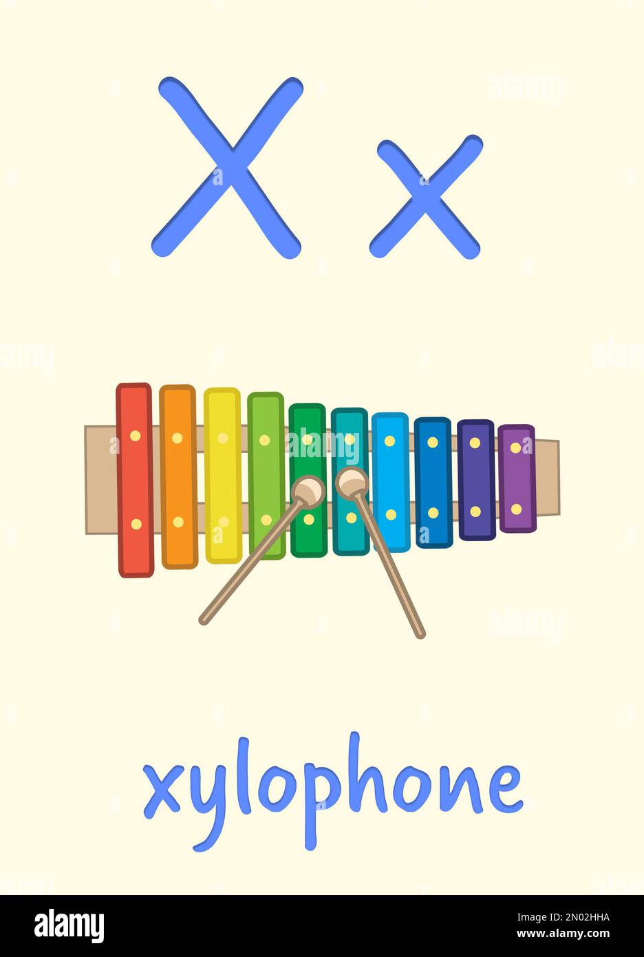 Aprendiendo alfabeto inglés. Tarjeta con letra X y xilófono