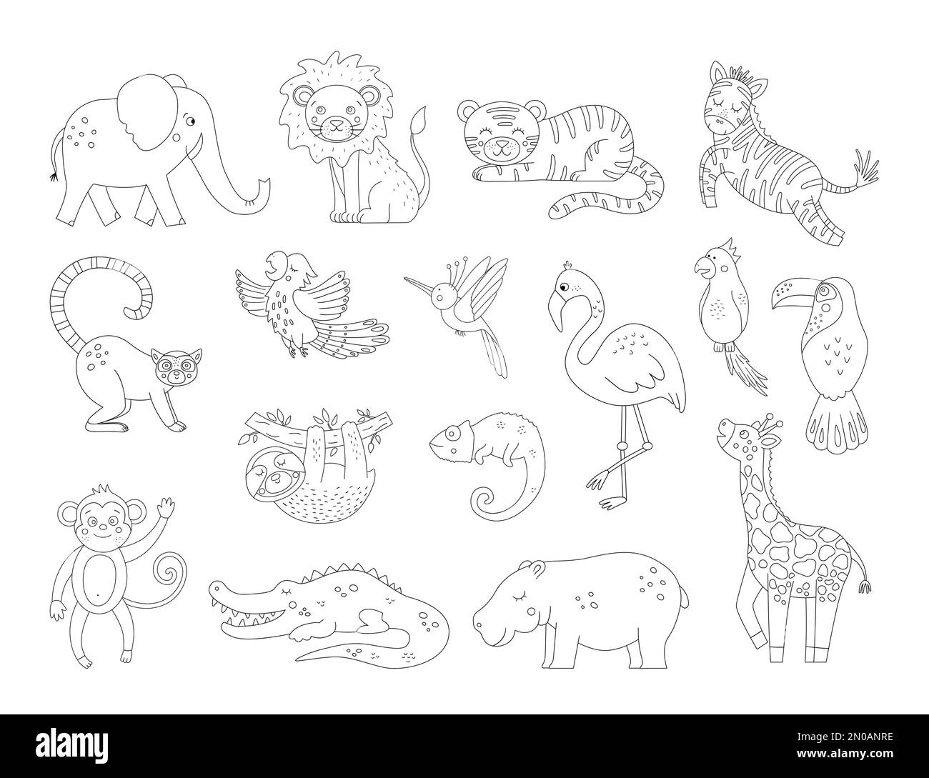 Vector lindos animales exóticos y pájaros contornos. Divertida ilustración tropical en blanco y negro. Esbozo de verano de la selva Ilustración del Vector