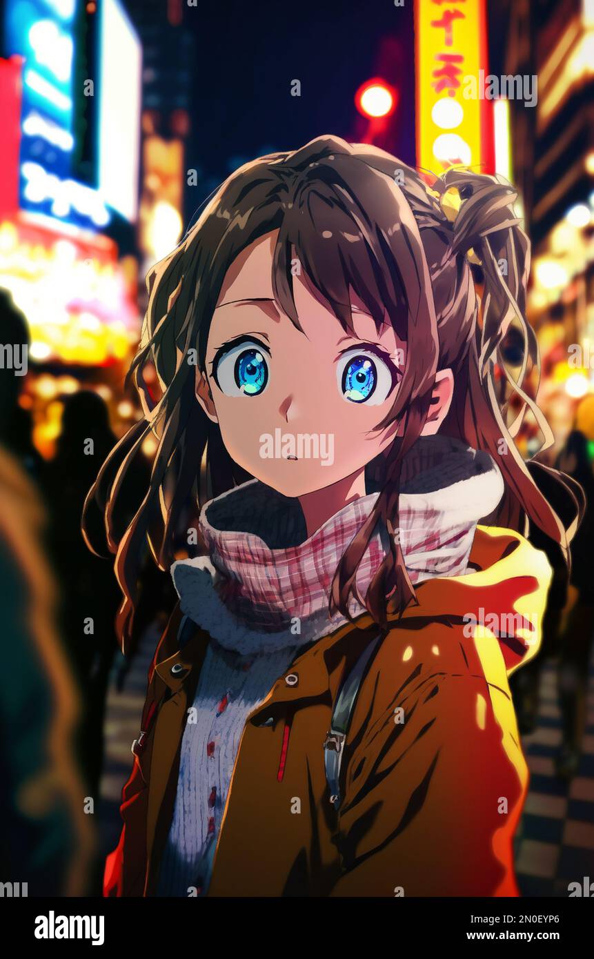 Una ilustración generada por IA de una linda chica anime con ojos azules  brillantes en una ciudad ocupada Fotografía de stock - Alamy