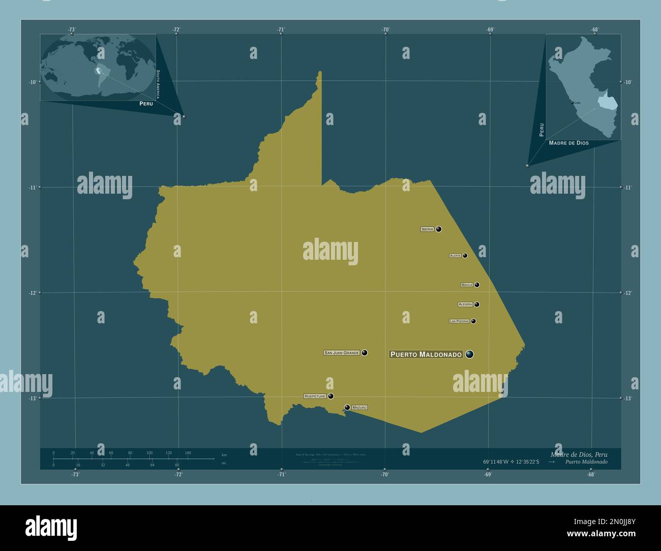 Madre de Dios, región del Perú. Forma de color sólido. Ubicaciones y
