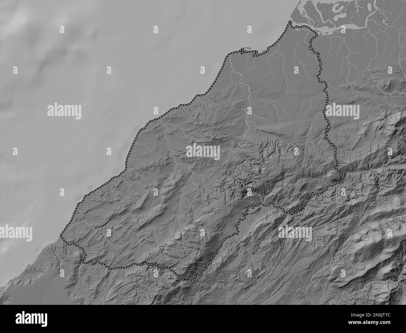 Tumbes, región del Perú. Mapa de elevación de dos niveles con lagos y