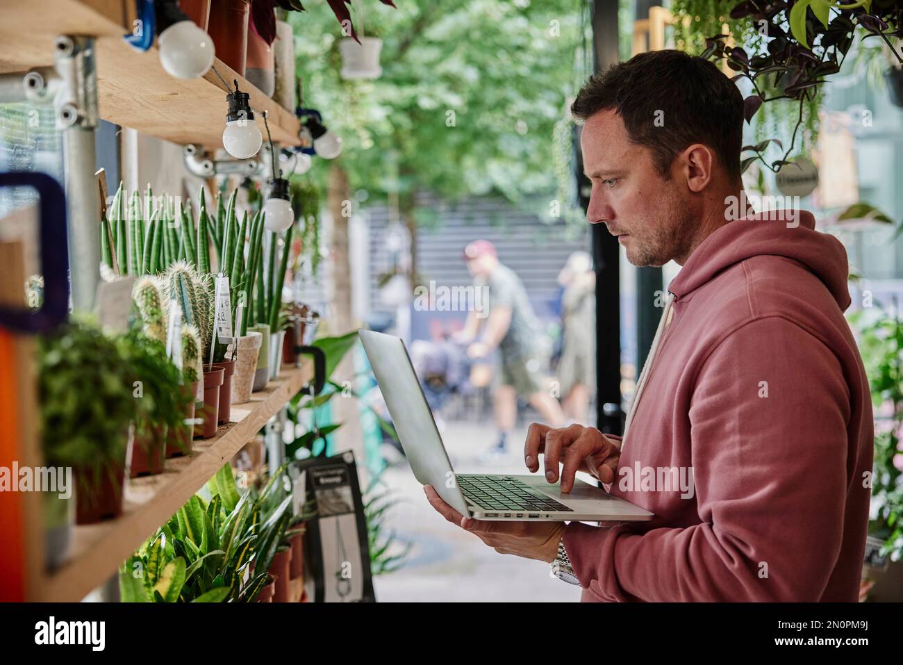 Hombre stock-taking usando el ordenador portátil en la tienda de flores Foto de stock