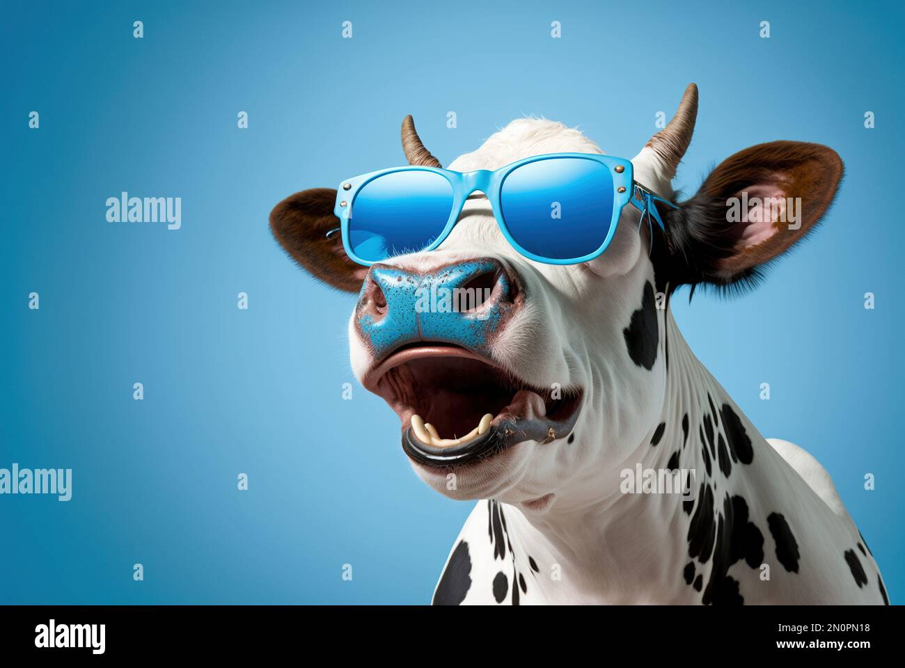 Una vaca con gafas de sol y riendo, sobre fondo azul cielo, tiro de estudio  Fotografía de stock - Alamy