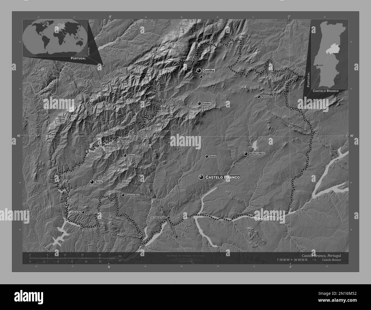 Castelo Branco, distrito de Portugal. Mapa de elevación de dos niveles