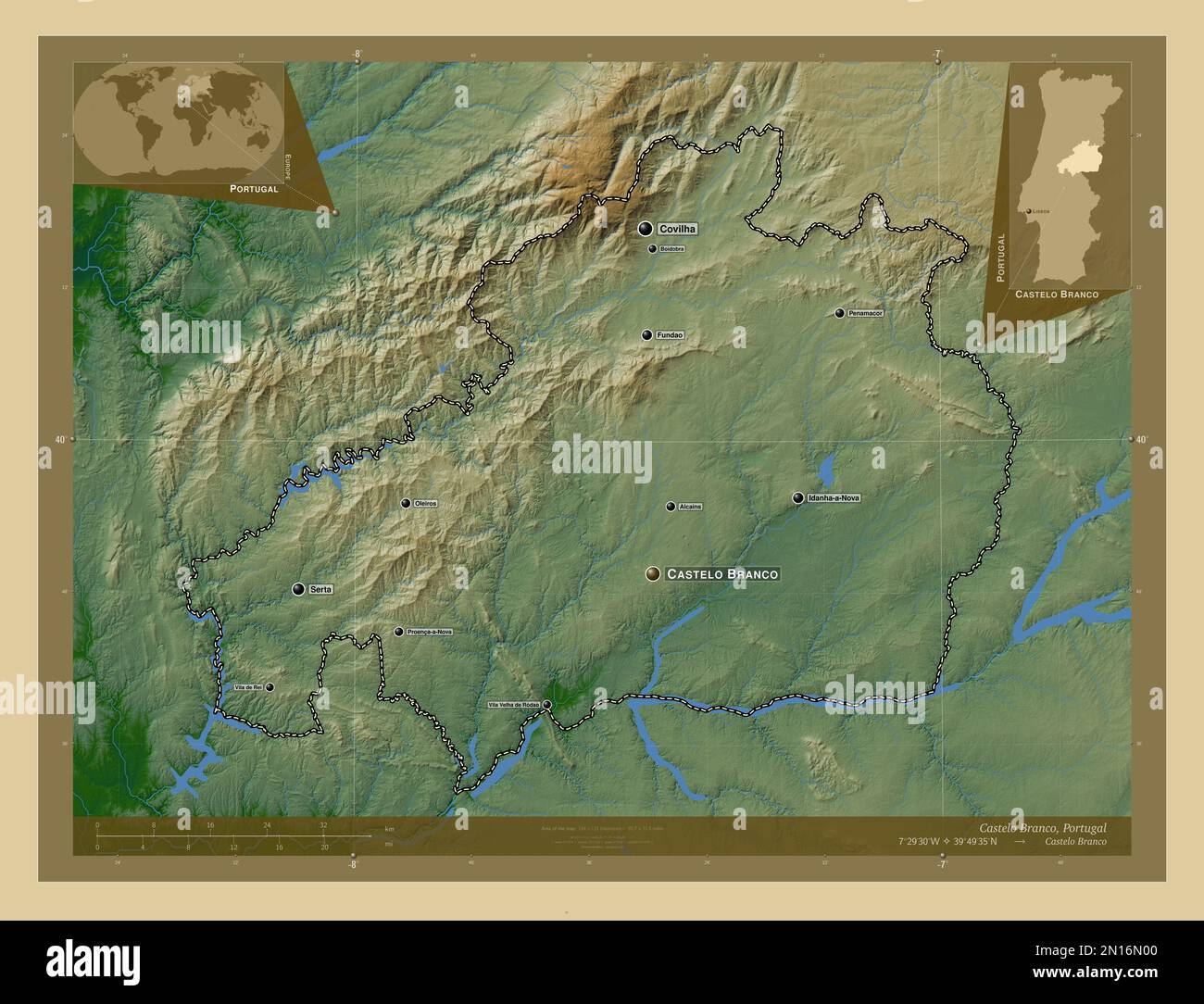 Castelo Branco, distrito de Portugal. Mapa de elevación en color con