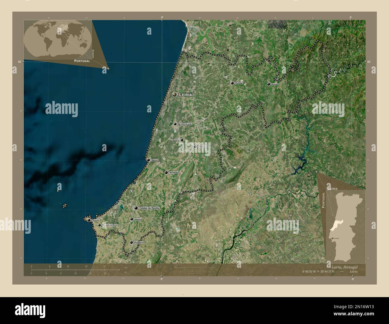 Leiria, distrito de Portugal. Mapa satelital de alta resolución. Ubicaciones y nombres de las